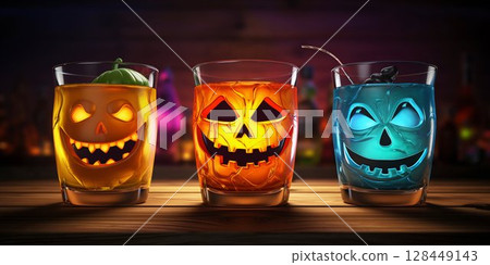 Halloween Themed Colorful Drink Glass with Pumpkin Face. Generative ai 128449143