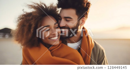 Interracial Couple Embracing on a Beach in Autumn Love. Generative ai 128449145