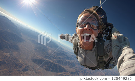 Skydiver feels pure thrill while free-falling over stunning scenery 128449285