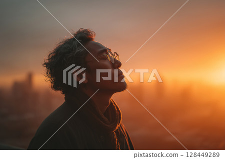 Breathwork practice at dawn with urban skyline backdrop Breathwork practice at dawn with urban skyline backdrop 128449289