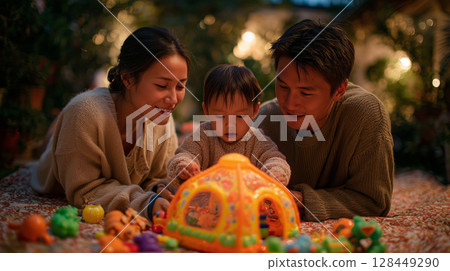 Playing joyfully in the garden with parents and toddler during golden hour 128449290