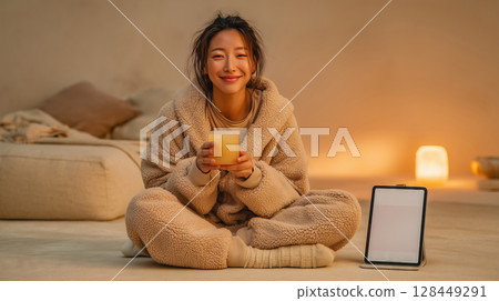 Enjoying herbal tea in a cozy minimalist space during a tranquil evening 128449291