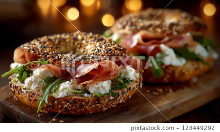 Savory baked protein bagels topped with fresh ingredients in cozy setting Savory baked protein bagels topped with fresh ingredients in cozy setting 128449292