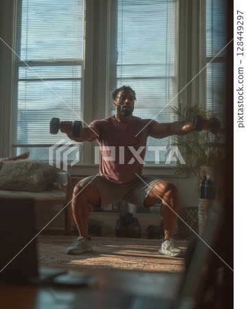 Strength coach showcases fitness skills in a sunlit home gym environment 128449297