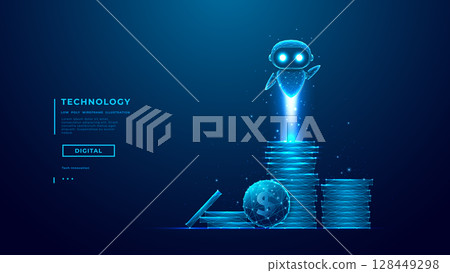 AI agent robot flying above stacks of coins. Modern fintech assistant 128449298