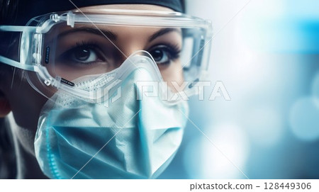 Vigilant Protection: Close-Up of Woman in PPE and Face Mask Against Covid. Generative ai 128449306