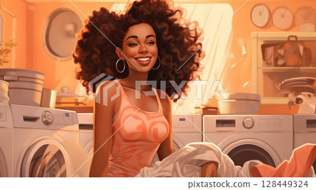 Homely Bliss: Smiling Afro Beauty Woman Enjoying Laundry Chores. Generative ai Homely Bliss: Smiling Afro Beauty Woman Enjoying Laundry Chores. Generative ai 128449324