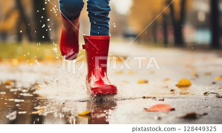 Splash Adventure: Kids' Bright Rain Boots in Puddle Play. Generative ai 128449325