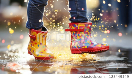 Splash Adventure: Kids' Bright Rain Boots in Puddle Play. Generative ai Splash Adventure: Kids' Bright Rain Boots in Puddle Play. Generative ai 128449349