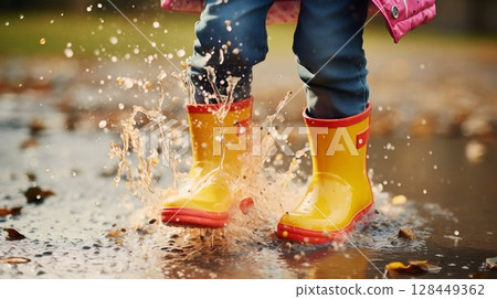 Splash Adventure: Kids' Bright Rain Boots in Puddle Play. Generative ai 128449362
