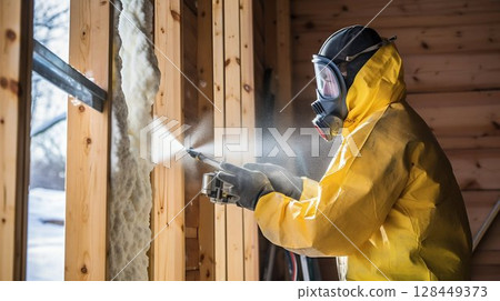 Construction Worker Installs Glass Wool Insulation in Wooden House. Generative ai Construction Worker Installs Glass Wool Insulation in Wooden House. Generative ai 128449373