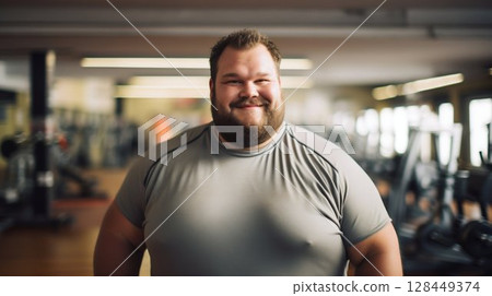 Happy Overweight Man at the Gym. Generative ai Happy Overweight Man at the Gym. Generative ai 128449374