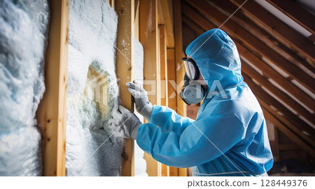 Construction Worker Installs Glass Wool Insulation in Wooden House. Generative ai 128449376