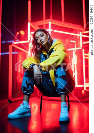 Fashion Forward: Full Body Model Strikes a Pose with Neon Urban Backdrop. Generative ai Fashion Forward: Full Body Model Strikes a Pose with Neon Urban Backdrop. Generative ai 128449405