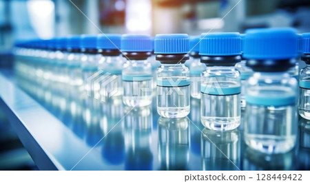 Precision in Production: Medical Vials on Pharmaceutical Assembly Line. Generative ai Precision in Production: Medical Vials on Pharmaceutical Assembly Line. Generative ai 128449422