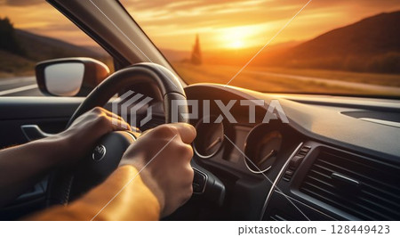 Driving View: Hands on the Steering Wheel during Daytime. Generative ai 128449423