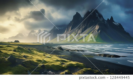 Summer Majesty: Stokksnes Headland Vista with Iconic Vestrahorn Mountain. Generative ai 128449445