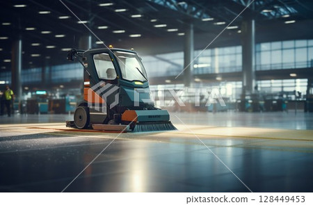 Airport Runway Cleaning with Sweeper Machine. Generative ai 128449453