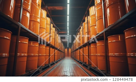 Industrial Reserve: Multi-Tiered Warehouse Storing Petroleum Products. Generative ai 128449478
