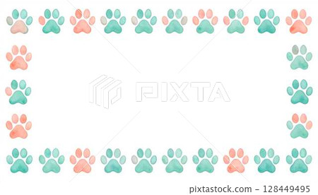 Cute watercolor animal paw prints line the bottom border in soft teal and coral 128449495