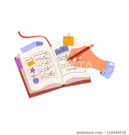 Hand writing plan with pencil. Vector memo or planner, notebook for planning. Workspace journal or personal diary for daily organization or weekly management. Checklist or timetable, schedule, plan. 128449530