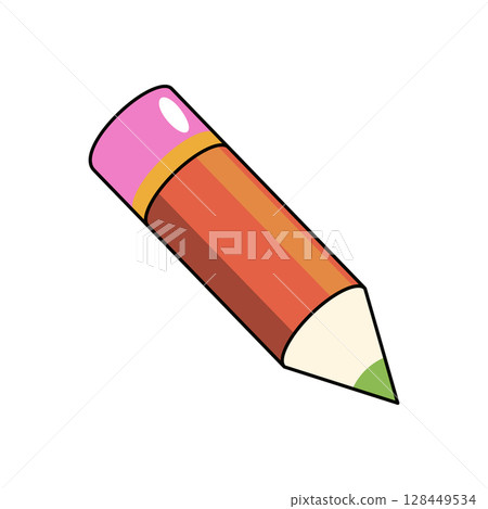Pencil icon or vector writing tool. Graphite tool for education and design, sketching. Wooden school study or office notes accessory with eraser. Supply for drawing. Education equipment cartoon symbol 128449534