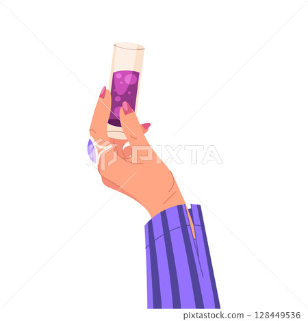 Vector cocktail beverage. Palm holding glass of alcohol. Isolated element for nightclub or summer beach party, lounge. Celebration and holiday fun, festive. Shaker, mocktail, drink mix. Exotic liquid. 128449536