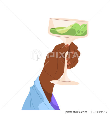 Cocktail glass in hand. Vector mojito or daiquiri drink. Alcohol beverage for club or beach party. Liquid for bar celebration or summer festive. Nightlife drinkware. Shaker or mocktail for relaxation. 128449537