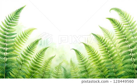 A frame of delicately painted fern leaves in watercolors 128449560