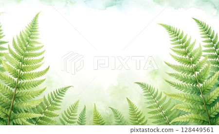 A frame of delicately painted fern leaves in watercolors 128449561