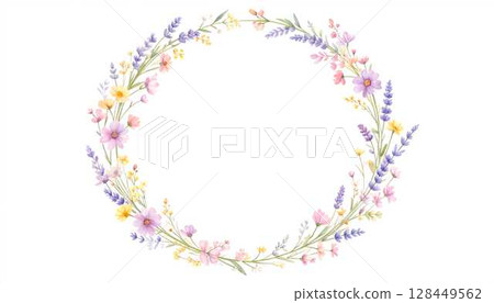 Delicate watercolor wreath frame with sprigs of soft lavender and baby pink wildflowers 128449562
