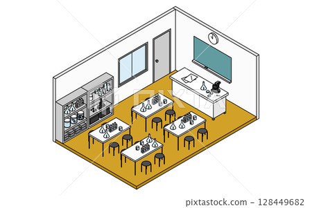學校科學實驗室的簡單可愛的等距線繪圖例，其中排列著科學實驗設備 128449682