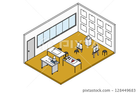 A simple and cute isometric line drawing illustration of a school art room where a geometric drawing class is held A simple and cute isometric line drawing illustration of a school art room where a geometric drawing class is held 128449683
