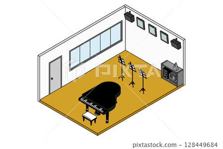 A simple and cute isometric line drawing illustration of a school music room with a grand piano and a music stand A simple and cute isometric line drawing illustration of a school music room with a grand piano and a music stand 128449684