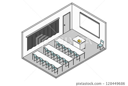 Simple and cute isometric line drawing illustration of a school audiovisual room with a large screen and projector 128449686