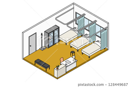 A simple and cute isometric line drawing illustration of a school nurse's office with rows of beds 128449687
