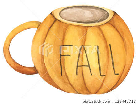 Vintage Autumn Cup. Cute Autumn Mug. Hot Drink with Leaf, Mug, and Fall Vibes. Watercolor Cup of Coffee, Cocoa, and Cozy Lifestyle. Hand Painted Fall Beverages. Vintage Autumn Cup. Cute Autumn Mug. Hot Drink with Leaf, Mug, and Fall Vibes. Watercolor Cup of Coffee, Cocoa, and Cozy Lifestyle. Hand Painted Fall Beverages. 128449718