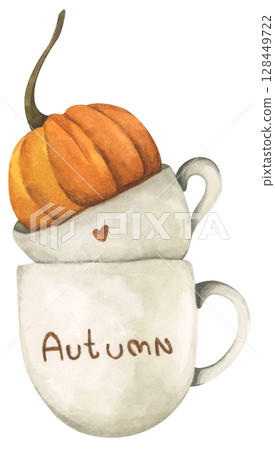 Vintage Autumn Cup. Cute Autumn Mug. Hot Drink with Leaf, Mug, and Fall Vibes. Watercolor Cup of Coffee, Cocoa, and Cozy Lifestyle. Hand Painted Fall Beverages. 128449722