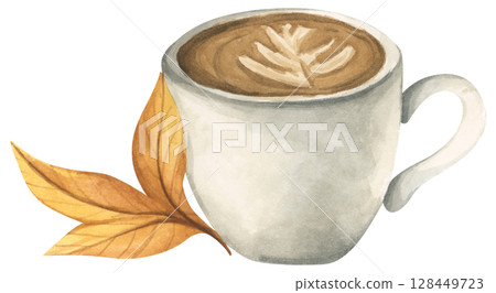 Vintage Autumn Cup. Cute Autumn Mug. Hot Drink with Leaf, Mug, and Fall Vibes. Watercolor Cup of Coffee, Cocoa, and Cozy Lifestyle. Hand Painted Fall Beverages. Vintage Autumn Cup. Cute Autumn Mug. Hot Drink with Leaf, Mug, and Fall Vibes. Watercolor Cup of Coffee, Cocoa, and Cozy Lifestyle. Hand Painted Fall Beverages. 128449723