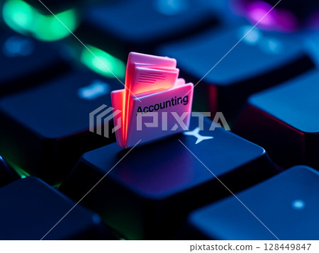 Colorful folder symbolizing accounting sits atop a keyboard surrounded by soft lighting at a workspace 128449847