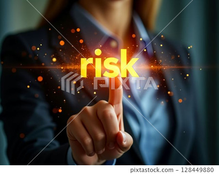 Business professional highlighting the concept of risk in a corporate environment during a meeting 128449880