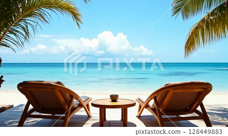 Relaxing chairs on the beach overlooking calm turquoise waters and blue sky with fluffy clouds during a sunny day 128449883