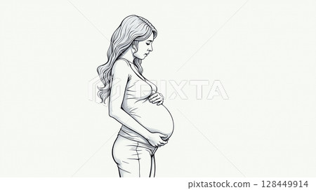 Pregnant woman holding her belly in a calm setting showcasing the beauty of motherhood and anticipation 128449914