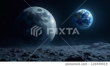 View of Earth from the Moon with a detailed lunar surface and starry background at night 128449919