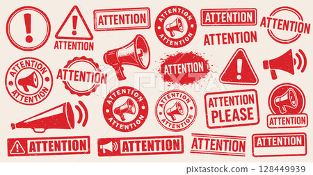 Attention Megaphone grunge stamp vector set. Attention Megaphone vintage Rubber Stamp template collection. Attention stamp pack. Seal Attention. Vector illustration image Isolated one white background 128449939