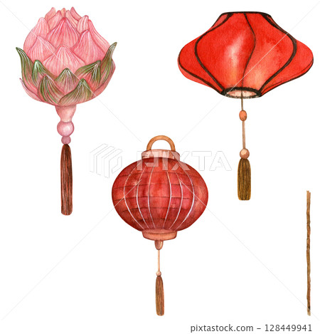 Set of traditional red paper lanterns - lantern in the form of a lotus hanging on a transparent background. Hand drawn. Watercolor illustrations for design of cards, posters and templates  128449941