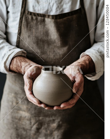 Potter displaying handmade ceramic vase, wearing work stained apron, revealing craftsmanship and artistic process of traditional pottery creation 128450084