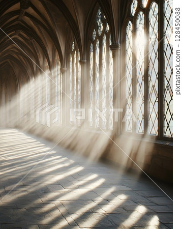 Sunbeams streaming through large windows illuminate a dusty medieval cloister, highlighting the stone floor and creating a magical, serene atmosphere filled with mystery and history Sunbeams streaming through large windows illuminate a dusty medieval cloister, highlighting the stone floor and creating a magical, serene atmosphere filled with mystery and history 128450088