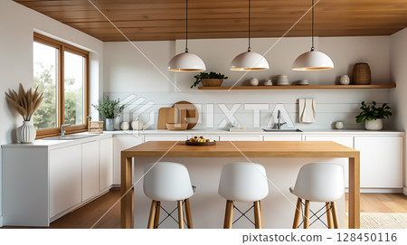 Modern minimalist kitchen with natural elements and bright sunlight in a cozy home setting 128450116