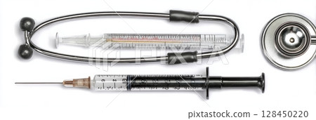 Essential veterinary tools such as a syringe, thermometer, and stethoscope are displayed on a clean white background for medical use in animal healthcare. 128450220